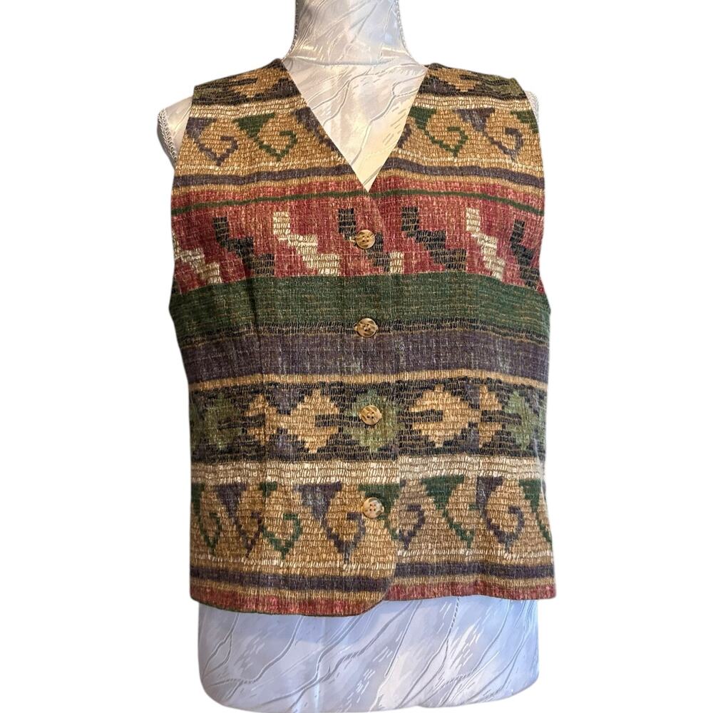 Vintage Womens Vest Sz Medium Earth Tones Tribal Aztec Gold Satin Professor